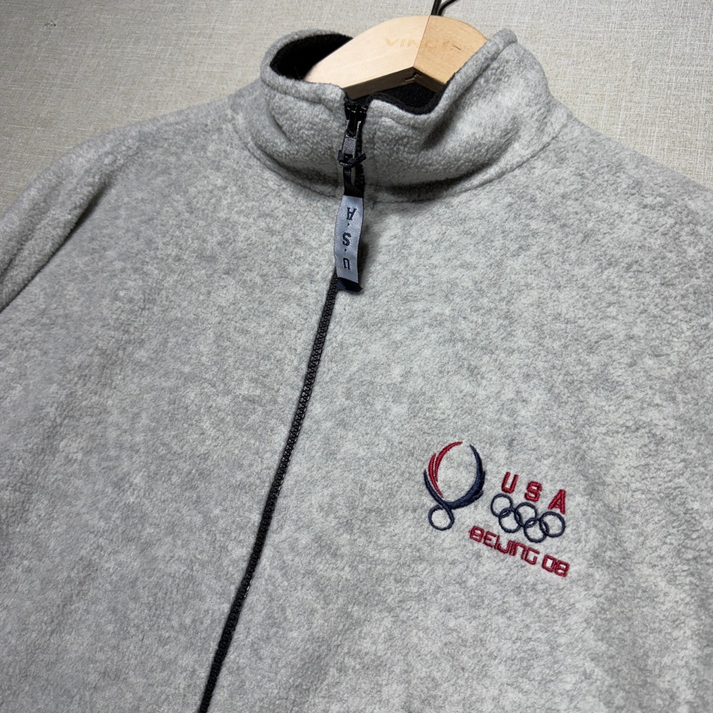 USA Olympics Fleece Jacket Men Large Gray LS Beijing 2008 Embroidered Full Zip